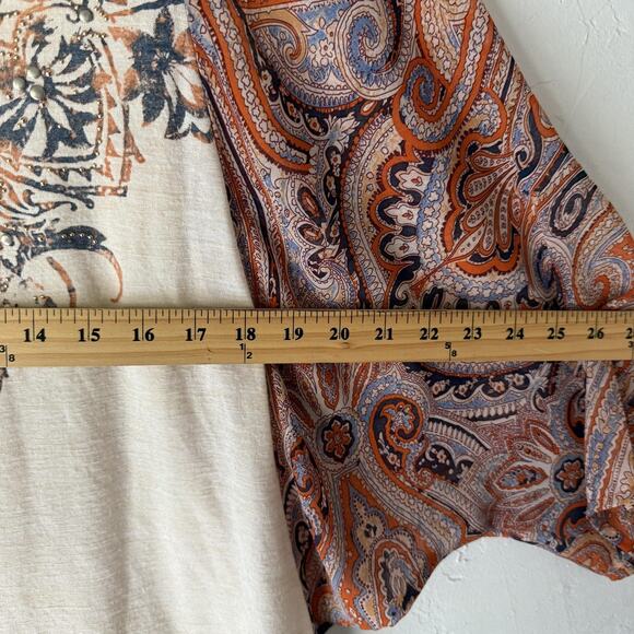 Boho‎ Peasant Top Womens Large Cream Paisley Print Lace Detail Flowy Blouse - Picture 7 of 9